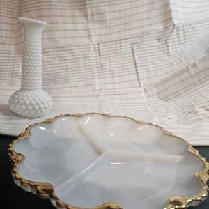 Anchor Hocking divided dish with EO Brody bud vase lot